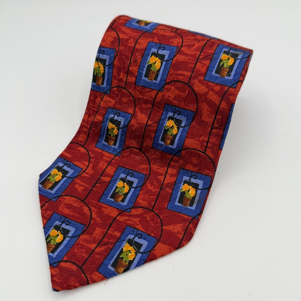 Ermenegildo Zegna Silk Tie Mens OS Red Floral Window Made Italy Necktie Art